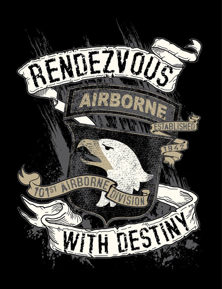 an eagle with ribbon and banner in the background that says, rendezious airborne with