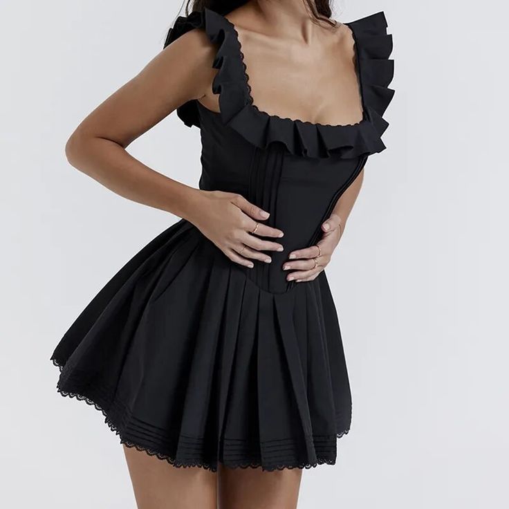 LIAMMA BLACK MINI DRESS Black Tea Party Dress, Customize Character, Black Pins, Corset Mini Dress, Mini Sundress, Pleated Bodice, Lace Ruffle, Pleated Mini Skirt, Little Dresses