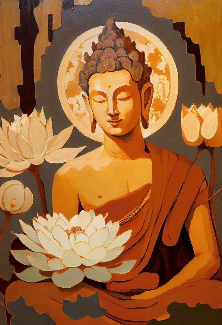 a painting of a buddha with flowers in front of it