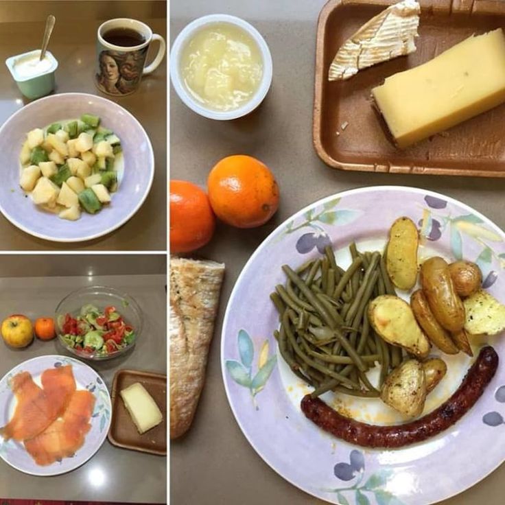 there are four pictures of different foods on the table and one has food in it