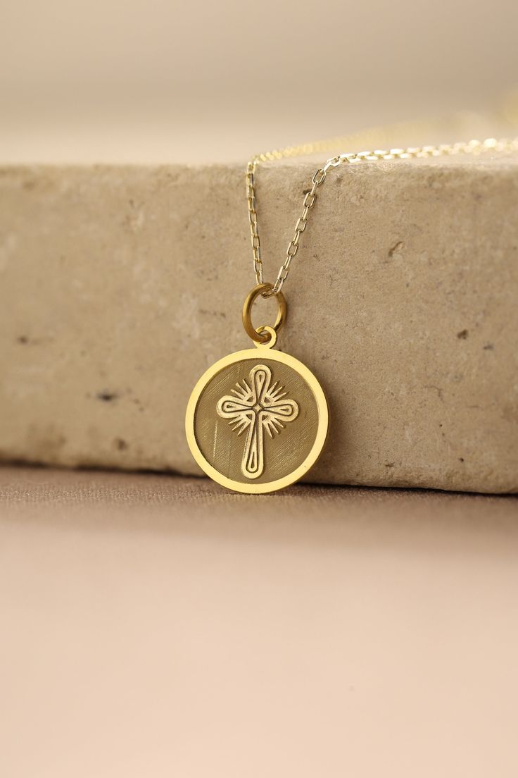 Gold Cross Pendant - Cross Gold Necklace ● Material of pendant: Solid Gold 14k ( REAL GOLD ) ● Metal Stamp: 14k ( REAL GOLD ) ● The pendant is available in 5 sizes: - 12,7 mm / 0.5 inches (Diameter) - 14,0 mm / 0,55 inches ( Diameter ) In the photos - 15,3 mm / 0.6 inches ( Diameter ) - 16,5 mm / 0,65 inches ( Diameter ) - 19,1 mm / 0,75 inches ( Diameter ) ( In the photos the size is 14mm / 0.55 inches Diameter ) ( Jump Ring inner diameter: 4 mm ) ● Material of chain: Solid gold 14k ( REAL GOLD Gold Cross Charm Necklace In 14k, Gold 14k Cross Pendant Charm Necklace, 14k Gold Cross Pendant Charm Necklace, Yellow Gold Cross Charm Necklace Tarnish Resistant, Symbolic Yellow Gold Cross Jewelry, Yellow Gold Tarnish-resistant Cross Charm Necklace, Spiritual Charms Necklaces For Commemoration, Gold Sterling Silver Charm Necklace With Cross Pendant, Yellow Gold Charm Necklaces With Cross Pendant