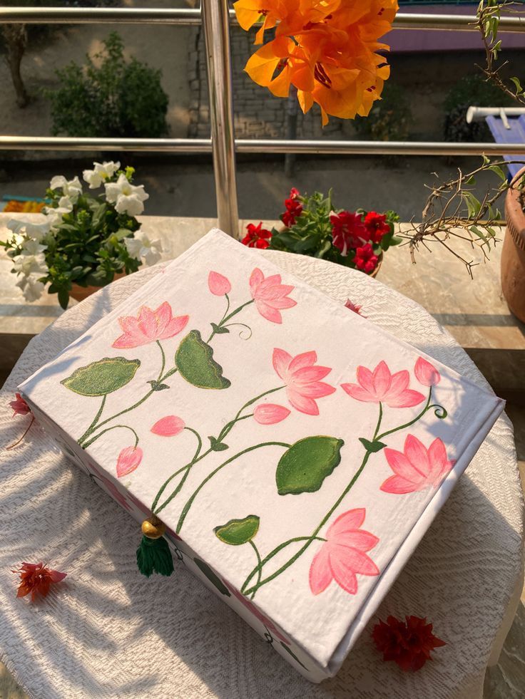 an open box with flowers on it sitting on a table