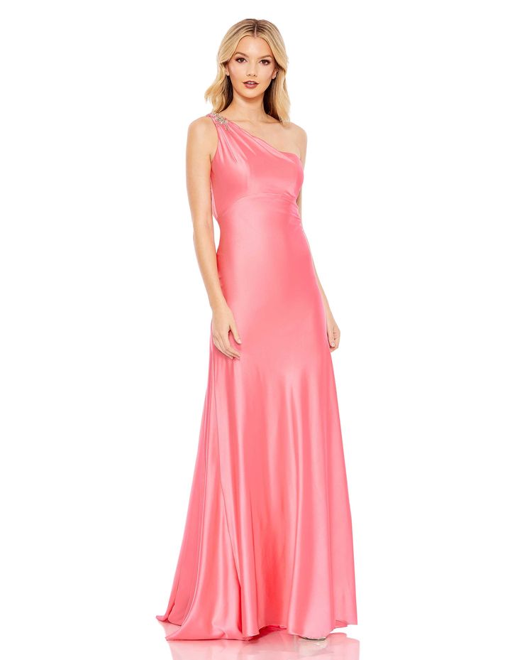 Elegance is instantly achieved the moment you slip into this charmeuse gown. The luxe, silky slip dress is cut in a body-skimming silhouette styled with a single shoulder topped by a “brooch” of rhinestones and beads, a sophisticated cutout back, and godet pleats. Wear the gown now and for future formal events. Mac Duggal Charmeuse Fabric (100% polyester) Fully lined Asymmetrical one shoulder neckline Sleeveless Dramatic back cutout Embellished shoulder detail Concealed back zipper Approx. 62.5" Mac Duggal Prom, Prom Dresses Long Pink, Sheath Gown, Pink Prom Dress, Unique Prom Dresses, Pink Prom, Column Gown, Satin Gown, Mac Duggal