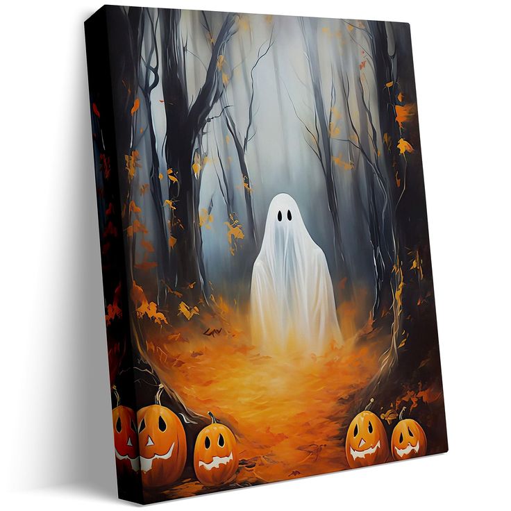 a painting of a ghost in the woods with pumpkins