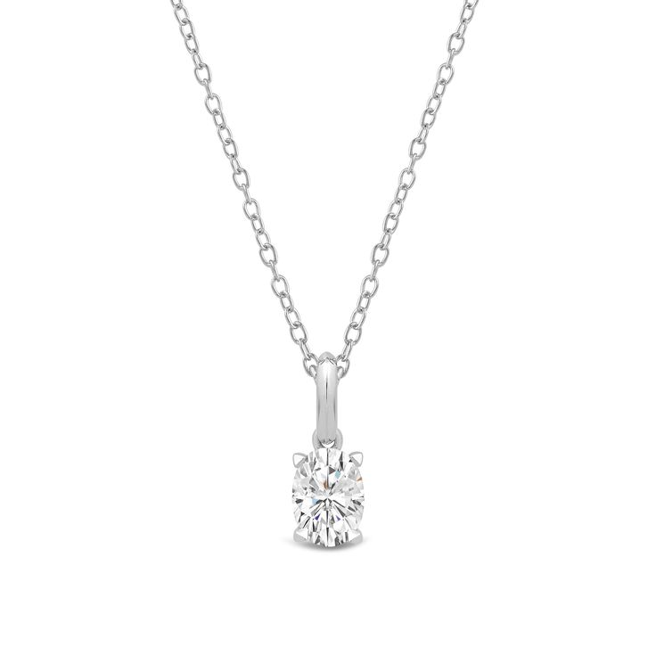 This solitaire pendant has the perfect mix of style and simplicity. The high-quality diamond in oval shape is secured by four prongs. It gently drops from a white gold bail with a knife-edge detail. Diamond Solitaire Pendant, Solitaire Pendant, Lab Created Diamonds, Quality Diamonds, Diamond Solitaire, Oval Shape, Lab, White Gold, Pendant