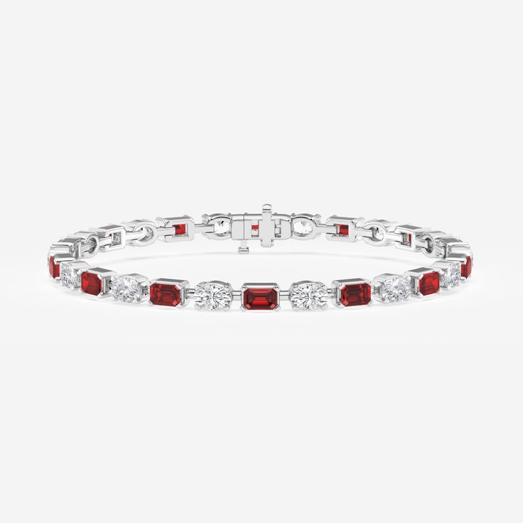 4.4x3.0 mm Emerald Cut Created Ruby and 3 2/5 ctw Oval Lab Grown Diamond Alternating Fashion Bracelet - 7 Inches 14K White Gold Oval Diamond Bracelet With Gemstones, Red Diamond Oval Bracelet, Red Oval Diamond Bracelet, Oval Diamond Tennis Bracelet With Gemstones, Oval Gemstone Tennis Bracelet In Fine Jewelry Style, Classic Oval Gemstone Tennis Bracelet, Red Diamond Oval Tennis Bracelet, Oval Gemstone Tennis Bracelet For Wedding, Anniversary Tennis Bracelet With Oval Links In Fine Jewelry