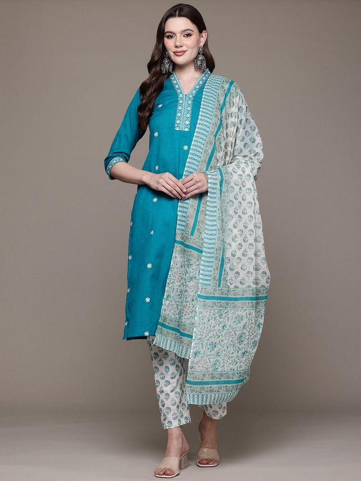 Floral Embroidered Thread Work Pure Cotton Kurta Set PRODUCT DETAILS  Teal embroidered Kurta with Trousers with dupatta Kurta design: Floral embroidered Straight shape Regular style V-neck, three-quarter regular sleeves Thread work detail Calf length with straight hem Pure cotton machine weave fabric Trousers design: Printed Trousers Elasticated waistband Slip-on closure Size & Fit The model (height 5'8) is wearing a size S Material & Care Pure Cotton Machine Wash Specifications Sleeve Length Th Chanderi Churidar With Resham Embroidery In Straight Kurta Style, Churidar With Resham Embroidery In Chanderi Fabric, Straight Kurta Churidar With Resham Embroidery, Diwali Chanderi Churidar With Floral Embroidery, Diwali Floral Embroidered Chanderi Churidar, Diwali Churidar With Floral Embroidery In Chanderi, Diwali Chanderi Unstitched Suit With Floral Embroidery, Chanderi Sets With Floral Embroidery For Diwali, Festive Cotton Anarkali Set With Self Design