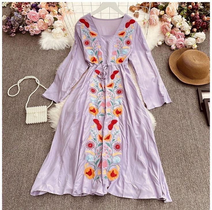 Name:Bohemian ethnic style, holiday dress, vintage, heavy embroidery, V-neck dressMaterial:blendedColor:white,lavender,yellow,navy blue,redStyle:Bohemian ethnic styleFeatures: vintage, heavy embroiderySize(cm):free 1inch=2.54cmbust:96,length:106,shoulder:42,sleeve:55&ltp&gtNote:Due to different measurement methods,there will be 1-3 error(unite:cm), please understand.</p>&ltbr/>&ltp&gtPlease check the size carefully when you choose items,thank you.</p>&ltbr/ Spring Festival Embroidered V-neck Dress, Traditional V-neck Boho Dress For Spring, Multicolor Folk Style V-neck Dresses, Folk Style Long Boho Dress For Spring, Long Folk Boho Dress For Spring, Folk Style Long Boho Spring Dress, Long Boho Folk Dress For Spring, Spring Boho Dress With Floral Embroidery And V-neck, Spring Boho V-neck Dress With Floral Embroidery