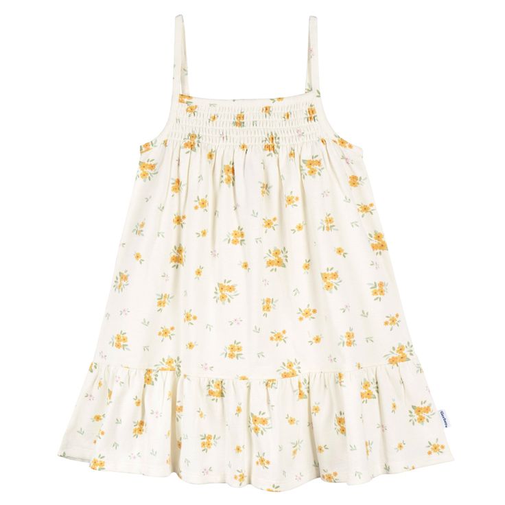 Elevate your toddler's seasonal wardrobe with this delightful duo of toddler dresses! These dresses are the perfect choice for the spring and summer season, and your little one will adore wearing them for any outing. The yellow dress is crafted from lightweight 100% cotton gauze, while the sleeveless white dress, adorned with charming flower bouquets, is a blend of cotton, polyester, and spandex, ensuring a comfortable stretch. Both dresses come with a straightforward pull-on design for effortless dressing, and they're thoughtfully designed to be machine washable for easy upkeep. Our essentials have been independently certified with STANDARD 100 by OEKO-TEX® so that you don’t have to worry about harmful substances in your toddler's wardrobe. Includes two dresses. Playful Cotton Twirl Dress For Spring, Playful Spring Twirl Dress For Playdate, Spring Cotton Twirl Sundress, Cute Spring Twirl Dress For Playwear, Spring Playdate Sundress, Spring Floral Print Sundress For Playdate, Spring Sundress For Playdate, Summer Twirl Dress With Ruffles For Playtime, Spring Floral Sundress For Playdate