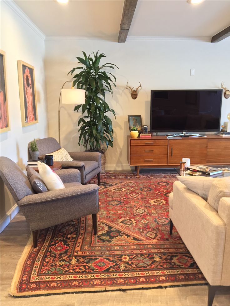 a living room filled with furniture and a large rug