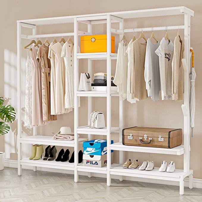 an organized closet with shoes, clothing and other items on shelves next to a potted plant