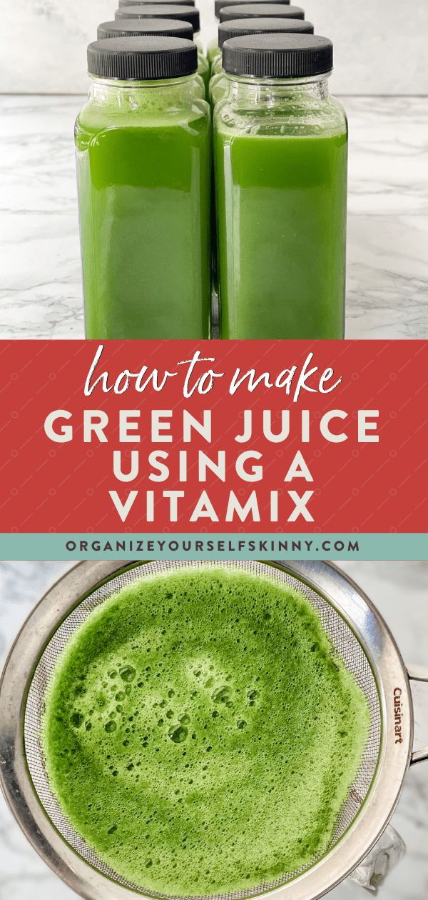 how to make green juice using a vitamix in two mason jars with text overlay