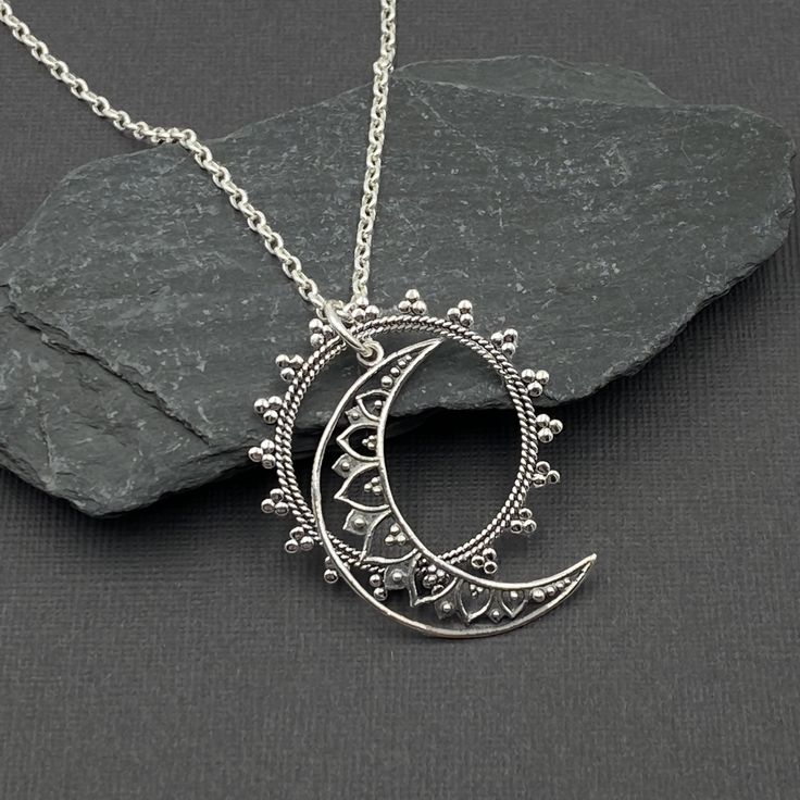 "CHRISTMAS SHIPPING DEADLINE: Order by DEC 17th (2pm PST) Standard Mail OR Dec 19th (5pm PST) Priority Mail. Sterling silver Celestial Moon and Sun Pendant necklace. The two pendants dangle independently of each other. The sun symbolizes firmness, strength, and power while the moon represents calmness, beauty, and nurturing. The moon represents the rhythm of time and its phases symbolize eternity and enlightenment. - Choose Chain Style: Oxidized Cable or Shiny Rolo (see images) - Chain Length: 1 Mandala Moon, Wiccan Necklace, Sun And Moon Necklace, Moon Necklace Silver, Pretty Jewelry Necklaces, Moon And Sun, Sun Pendant, Celestial Necklace, Moon Pendant Necklace