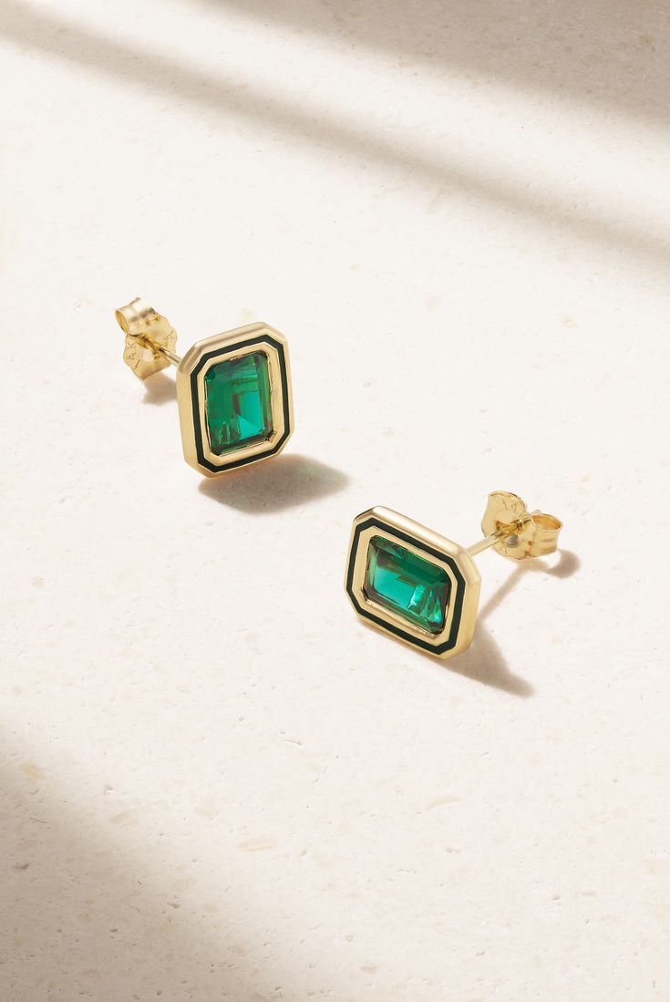 Alison Lou's 'Madison' earrings have the charm of a vintage find. Handmade from 14-karat gold, they're set with baguette-cut, laboratory-grown emeralds encased in the brand's signature tonal enamel. Wear yours solo to keep them in focus. Timeless Green Earrings For Gift, Timeless Green Earrings As A Gift, Timeless Gold Gemstone Earrings, Classic May Birthstone Jewelry Tarnish Resistant, Classic May Birthstone Jewelry, Tarnish Resistant, Classic May Birthstone Jewelry, Luxury Yellow Gold Emerald Cut Earrings, Classic Gold Emerald Cut Earrings, Luxury 14k Gold Emerald Cut Earrings