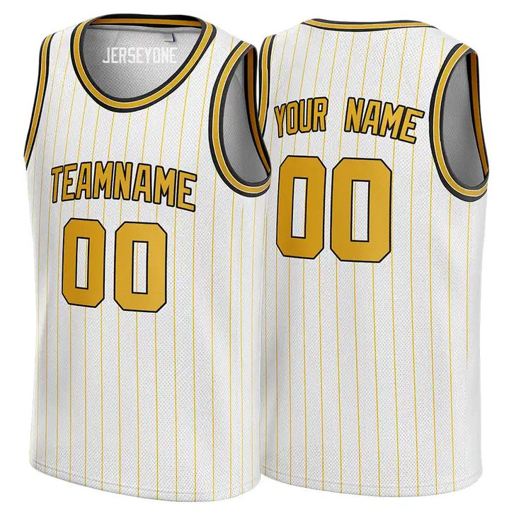 White and Yellow Pinstripe Custom Basketball Jersey features sublimation printed pinstripes and quick-dry fabric. The basketball jersey is custom-made, and the sublimated jersey will take 1 week to ship. The embroidered jersey will take 3-4 weeks to ship. Features Made of Mesh Fabric: The jersey is 100% polyester mesh fabric. It is breathable and quickly dry. Sublimation Tracking Twill: All letters and numbers of the jersey are sublimation-printed. Compared with the printed jerseys, it is durabl Customizable White College Jersey, Casual Striped Jersey For Sports Events, Collegiate Team-colored Jersey With Contrast Stripes, Customizable White Collegiate Jersey, White Cotton Jersey For Team Events, Casual Striped Jersey With Three Stripes, Team Spirit Jersey With Contrast Stripes For Sports Events, Team Spirit Sports Jersey With Contrast Stripes, Customizable White Jersey For Sports Season