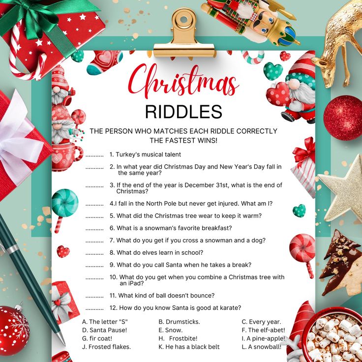 the christmas riddles game is shown with presents around it