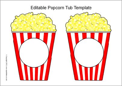 two red and white striped paper cups with popcorn on them, one is filled with yellow popcorn