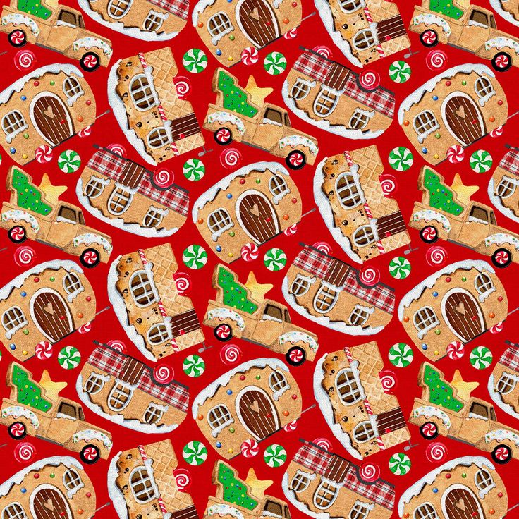 a red background with christmas cookies and other holiday treats on it's side, including a gingerbread house