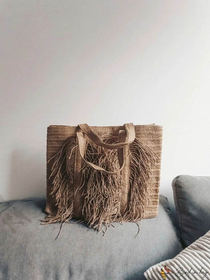 Bird in Bag - Womens Woven Bohemia Beach Shoulder Bag with Finge Staw Accents Beige Fringe Beach Bag For Everyday Use, Natural Fringe Bags For Beach Season, Beige Fringe Beach Bag For Everyday, Travel Straw Shoulder Bag With Fringe, Travel Shoulder Straw Bag With Fringe, Summer Beach Bag With Fringe, Fringe Straw Bag For Beach Vacation, Summer Beach Bag With Tassels For Shopping, Beach Season Fringed Straw Bag For Vacation