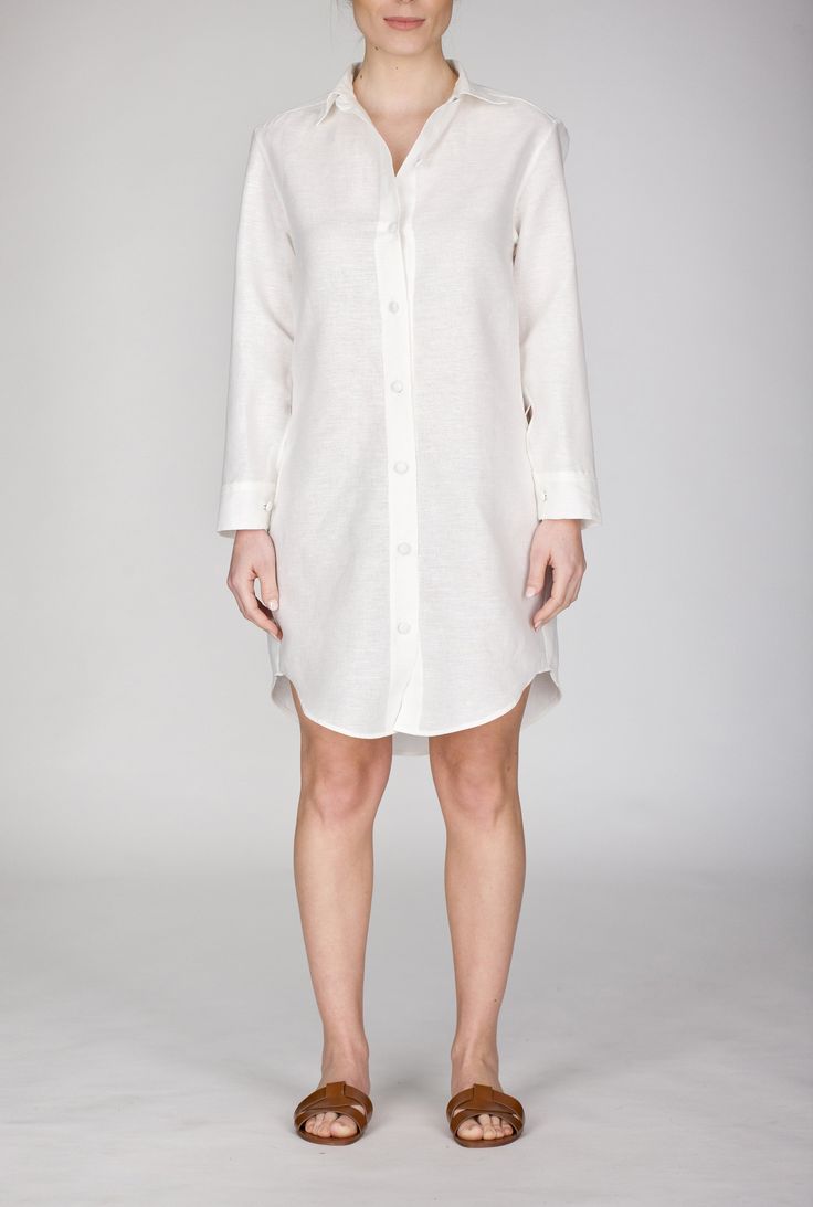 Meet the Mary Shirt Dress: a chic reinterpretation of the classic button-down silhouette that keeps you looking cool and stylish. Its relaxed fit is enhanced by dropped shoulders, while the distinctive back pocket adds a unique touch. Adjustable sleeves and fabric-covered buttons bring sophistication, all tailored from a linen-cotton blend for breathable, effortless style. Pair it with your favorite espadrilles or sandals for an on-the-go look that is both comfortable and elegant. This collectio Classic Collared Shirt Dress For Day Out, Summer Daywear Shirt Dress With Button Cuffs, Summer Shirt Dress With Button Cuffs For Daywear, Summer Relaxed Fit Shirt Dress With Button Cuffs, Elegant Button-up Shirt Dress With Rolled Sleeves, Spring Shirt Dress With Button Cuffs And Relaxed Fit, Elegant Shirt Dress With Shirttail Hem For Work, Classic Shirt Dress With Spread Collar For Day Out, Chic Shirt Dress With Button Cuffs For Daywear