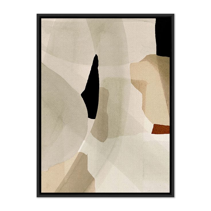 an abstract painting with white and brown shapes in black frame on the wall above it