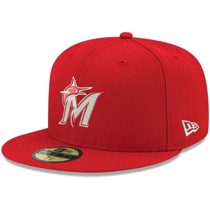 Highlight your loyalty to the Miami Marlins by grabbing this Logo 59FIFTY fitted hat from New Era. It features a unique color design with bold Miami Marlins graphics embroidered on the crown. This cap will be the perfect addition to any ensemble. Material: 100% Polyester Fitted Officially licensed Six panels with eyelets Flat bill with ability to curve Surface washable Brand: New Era Contrast-color undervisor High Crown Imported MLB Batterman on back Embroidered graphics with raised details One Red Cap For Fan Gear, Red Hats For Fan Gear, One Size Fits Most, Red Flat Brim Hat For Fan Gear, Red Curved Brim Hat For Fan Gear, Red Fitted Cap For Fan Gear, Red Fitted Hat With Curved Brim For Sports, Red Flat Brim Fitted Hat For Fan Gear, Red Flat Bill Hats For Fan Gear, Red Fitted Hat With Flat Bill