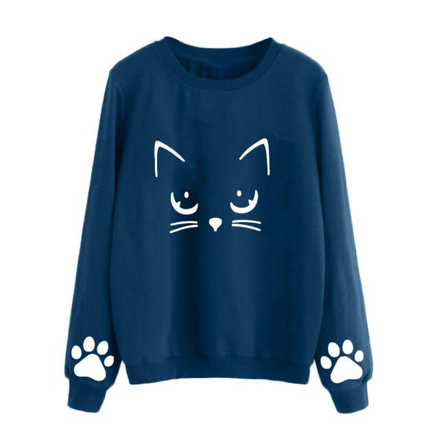 Casual Long Sleeve Tops With Cat Design, Blue Casual Sweatshirt With Cartoon Print, Casual Winter Tops With Cat Print, Casual Cat Design Tops For Fall, Casual Fall Tops With Cat Design, Casual Tops With Cat Design For Fall, Casual Long Sleeve Top With Cat Print, Casual Crew Neck Sweatshirt With Cat Print, White Casual Sweatshirt With Cat Design