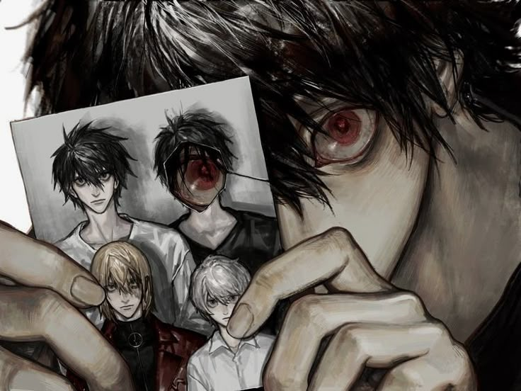 an image of some anime characters with red eyes and blood on their eyes, holding up a photo