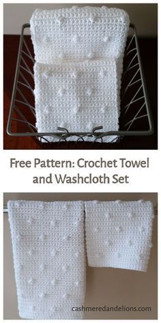 crochet towel and washcloth set is shown in two different pictures, one with the