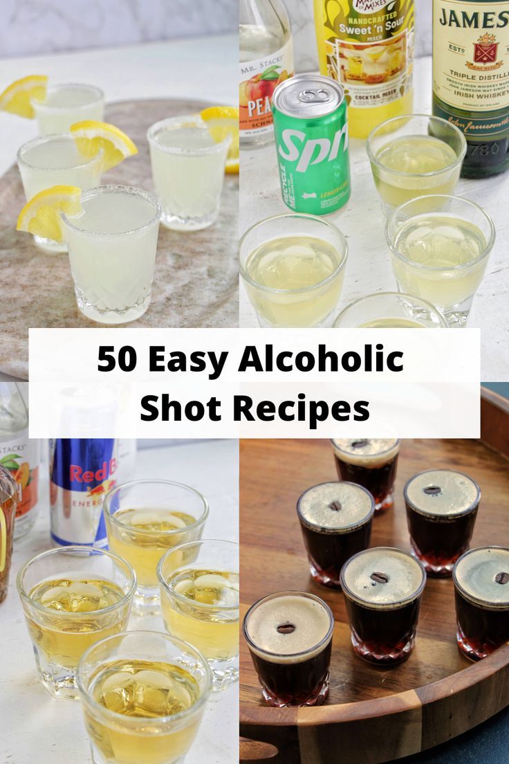 four different types of alcoholic shots. Party Shots Alcohol, Shooters Alcohol Recipes, Easy Shots To Make, Yummy Shots, Easy Shot Recipes, Shots To Make, Shots Alcohol Recipes, Breakfast Shot, Shooter Recipes