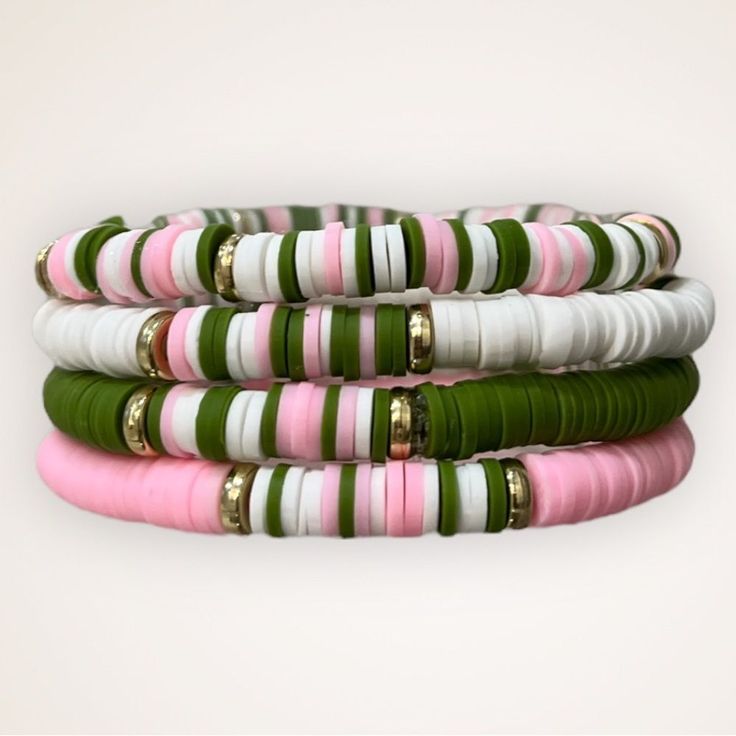 Set Of 4 Bead Material: Polymer Clay Colors: Pink, Green And White Size: Will Fit 6.5 - 7.5 Wrist Price Is For All 4 Bracelets Handmade Heishi Beaded Stretch Bracelets. Offers Always Welcome! Heishi Jewelry, Clay Bead Necklace, Beaded Braclets, Homemade Bracelets, Cute Friendship Bracelets, Polymer Clay Bracelet, Clay Bracelet, Diy Bracelet Designs, Beads Bracelet Design