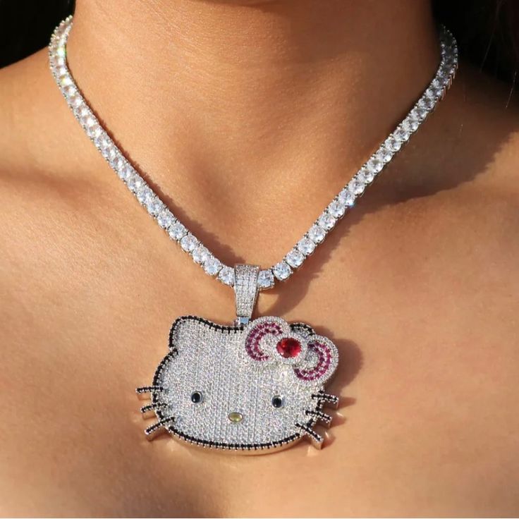 This Listing Is For A 16 Inch Hello Kitty Tennis Chain And Pendant . If You Want 18 Inch Tennis Message Me Mcbling Jewelry, Baddie Necklace, Hello Kitty Tennis, Hello Kitty Chain, Afro Jewelry, Ice Necklace, Lavender Necklace, Hello Kitty Jewelry, Flat Irons