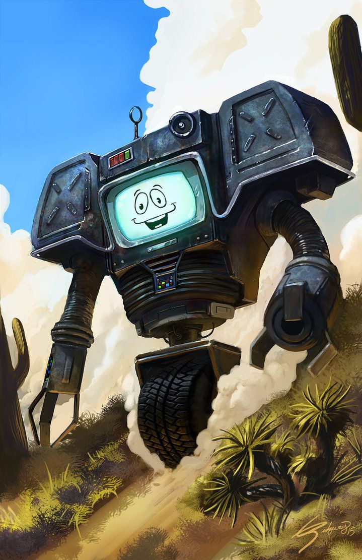 an animated robot walking across a grass covered hillside with cactuses in the foreground