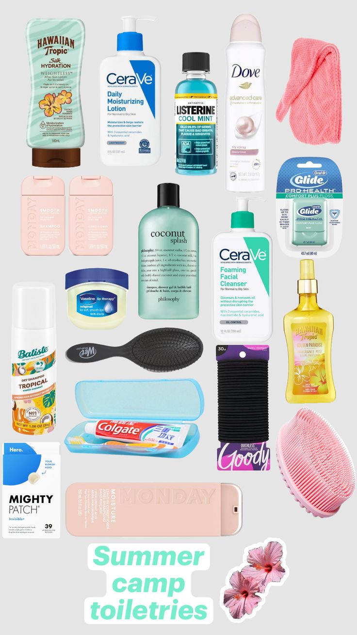 the contents of a woman's summer camp toiletries bag are shown in this image