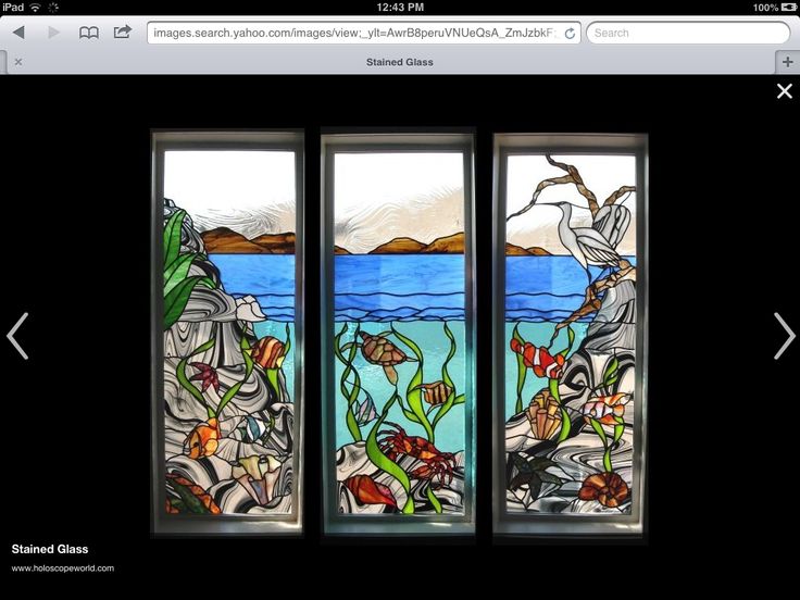 three stained glass windows with plants and seaweeds in the window sill, one is