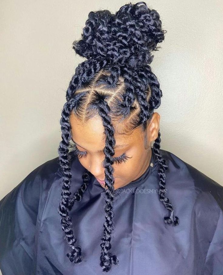 Bun Updo for Passion Twists Easy Twist Hairstyles Black Women, Easy Braid Hairstyles For Black Women, Short Twists For Black Women, Twist Braids With Curls, Passion Twists Short, Short Passion Twists Hairstyle, Shoulder Length Passion Twists, Jumbo Passion Twists, Short Passion Twists