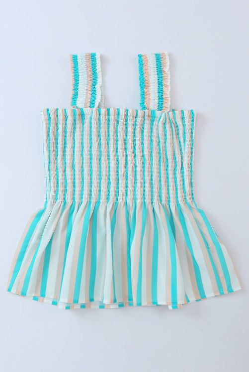 This Aqua Tan Striped Smocked Peplum Tank Top is a summertime staple that's sure to make a splash. Featuring a stylish ruffle strap and smocked bodice, this top will keep you looking stylish and feeling cool all season long. Who said stripes have to be boring. #stripeslikethese Peplum smocked wide strap tank top in aqua, tan and white colors. Fun top for summer with its beach colors and comfy smocked top, has wider straps so it can be worn with a bra without it showing. Roomy fit in waist and sm Peplum Tank Top, Dress Purse, Button Decor, Romper And Jacket, Beach Color, Tank Top Straps, Outdoor Picnic, Square Necklines, Sleeveless Shirt