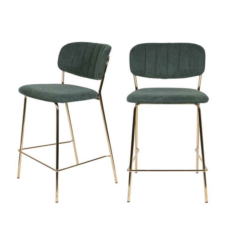 two green velvet bar stools with gold frame legs and backrests, set of 2