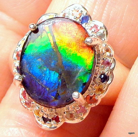 Rare Ammolite,Petrified Multi-Color Stone, Red, Orange, Yellow, Green, Blue, Sterling Silver Ring Setting, Muli-color Sapphire Accents Ammolite Ring, Fancy Sapphire, Color Stones, Red Orange Yellow, Silver Work, Color Stone, Ring Setting, Fantasy Jewelry, Precious Gems