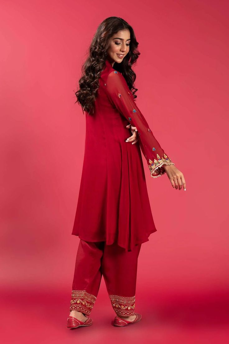 Discover Timeless Style: Pink Behar Frock in Red Pak Chiffon - Limited Edition Elegance | Rang Ja Elevate your style with our Pink Behar Frock. Crafted from Red coloured Pak Chiffon, this 1 Piece Frock wonder ensures a perfect fit. Limited stock - Shop now! Chiffon Blouse For Eid Party, Red Dabka Embroidered Georgette Kurta, Red Georgette Kurta With Dabka, Red Georgette Kurta With Dabka Detailing, Fitted Bollywood Chiffon Blouse, Elegant Red Chiffon Tops, Bollywood Chiffon Blouse For Party, Traditional Chiffon Blouse For Eid, Traditional Chiffon Blouse For Party