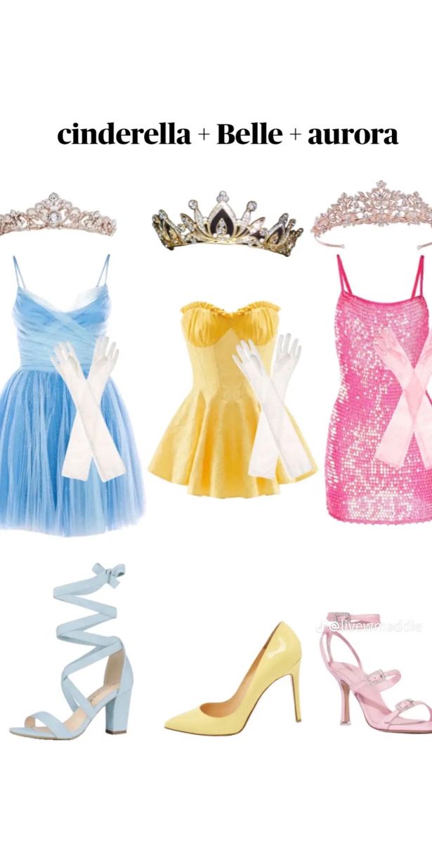 four different types of dresses and shoes with the words cinderella, belie, aurora