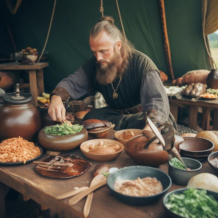 a bearded man sitting at a table with many bowls and plates on it, preparing food