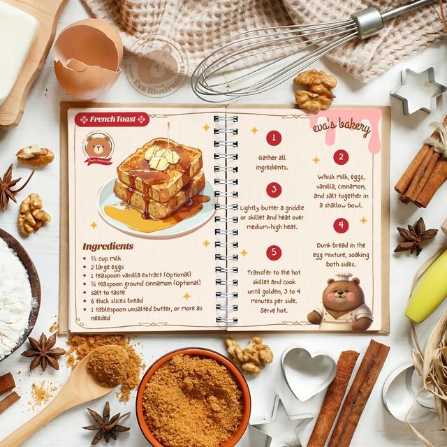 an open recipe book surrounded by baking ingredients