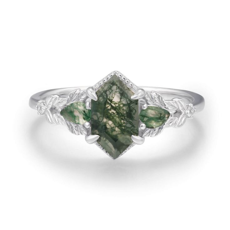 Gardenia Moss Agate Ring (White Gold) – Azura New York Nature-inspired Emerald Ring, Nature-inspired Wedding Rings With Natural Stones, Elegant Moss Agate Ring With Natural Stones, Fantasy Engagement Rings, Bff Rings, Engagement Rings Silver, Agate Wedding, Moss Agate Ring, Gold Vermeil Jewelry