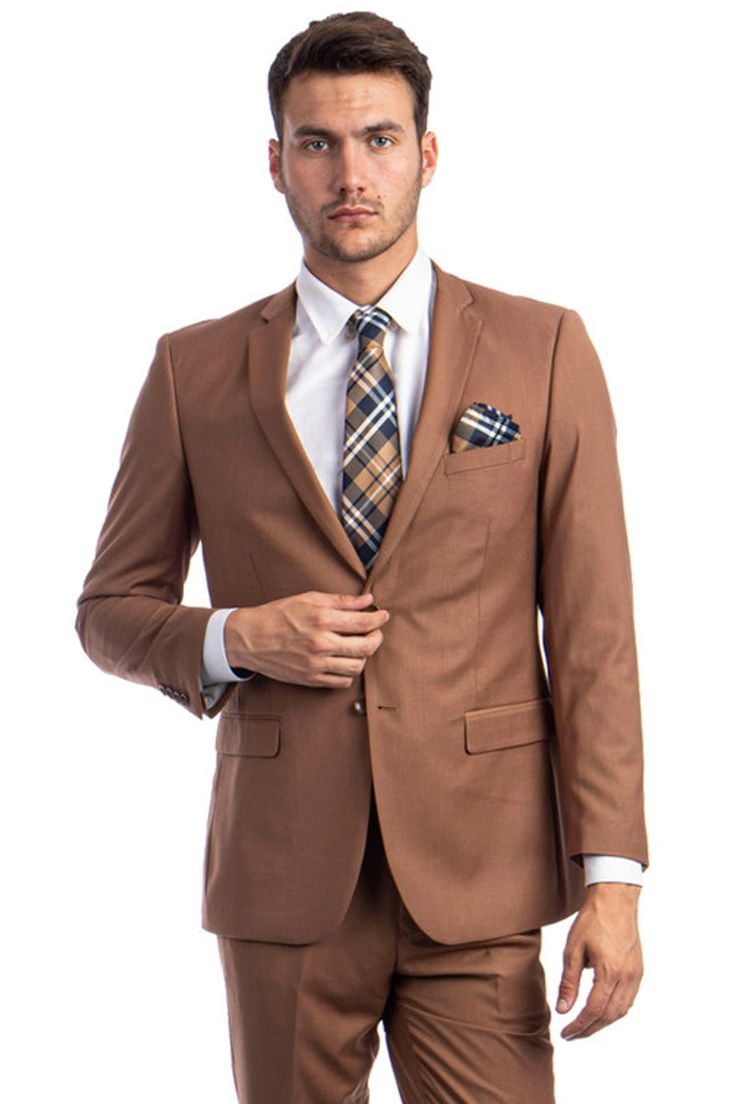 Men's Basic 2 Button Slim Fit Wedding Suit in Cognac Brown Single Button Long Sleeve Suit, Fitted Brown Blazer With Hidden Button Closure, Elegant Fall Suit For Groom, Elegant Fall Suit For Grooms, Brown Single Button Fall Suit, Formal Brown Suit With Single Button, Brown Tailored Three-piece Suit For Formal Occasions, Tailored Brown Three-piece Suit For Formal Occasions, Tailored Brown Three-piece Formal Suit