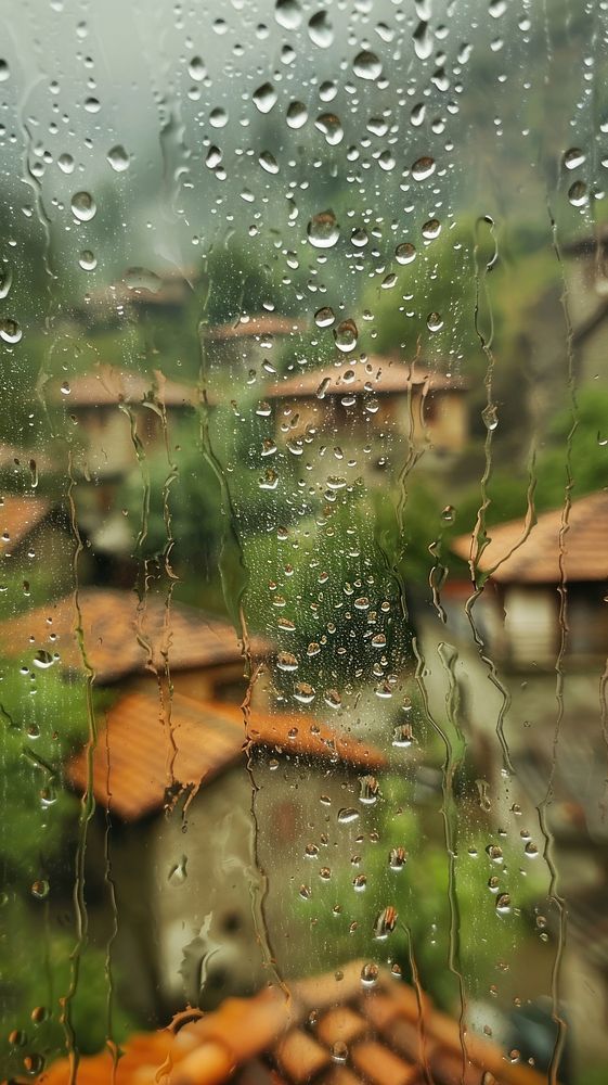 rain drops on the window with houses and trees in the backgrouds behind it