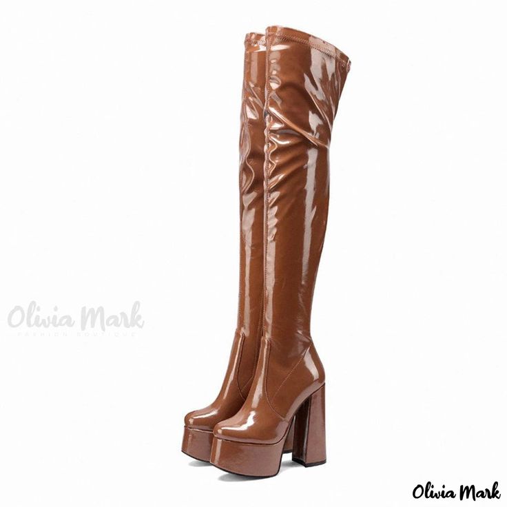 Olivia Mark - Premium Caramel-colored Glossy Patent Leather Over Knee Boots with Platform and Block Heel Brown Synthetic Party Boots, Brown High Heel Platform Boots For Party, Brown Synthetic Platform Boots, Brown Synthetic Heeled Boots For Winter, Brown Synthetic Heeled Boots For Fall, Fitted Brown Faux Leather Platform Boots, Fall Brown Synthetic Heeled Boots, Brown Party Boots With Round Toe, Brown Round Toe Party Boots