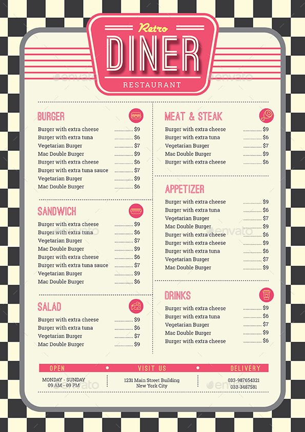 a restaurant menu with checkered background - food and drink menus