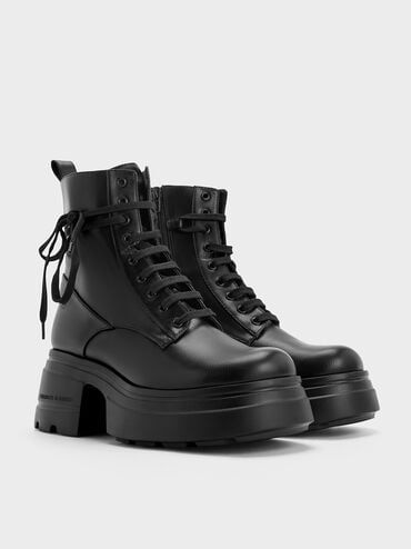 Black Lace-Up Chunky Ankle Boots | CHARLES & KEITH Chunky Ankle Boots, Size Chart For Kids, Stylish Boots, Charles Keith, Platform Boots, Lace Boots, Belt Size, Comfortable Shoes, Black Lace