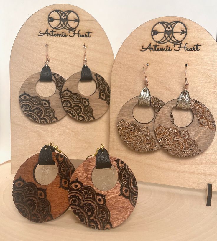 "Welcome to Artemis Heart Shop! I am so grateful that the energy of my creations attracted you here! These Mandala Magic Earrings are perfect for anyone who loves unique boho inspired things! The leather element at the top adds a very stylish touch to these gorgeous earrings!  These earrings are super light as they are made of birchwood (the goddess wood). They are laser cut, hand-painted, then pieced together; infused with love through every step of their creation! They are approximately 2.25\" Magic Earrings, Decoupage Jewelry, Infused With Love, Us Penny, Laser Cut Wood Earrings, Laser Engraved Ideas, Laser Cut Earrings, I Am So Grateful, So Grateful